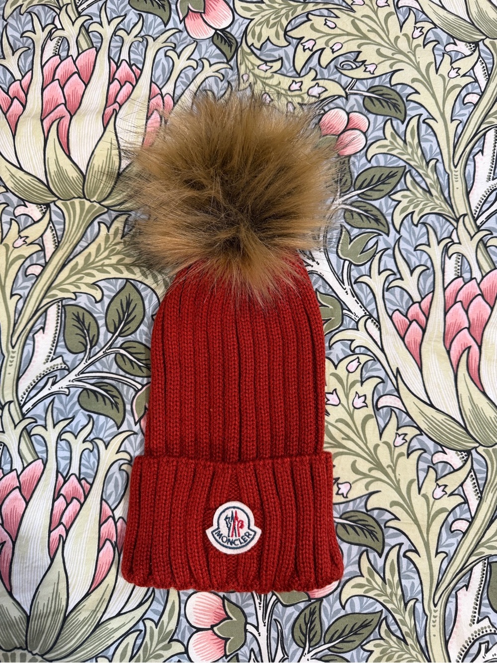 Moncler Women’s Red Ribbed Pom-Pom Beanie